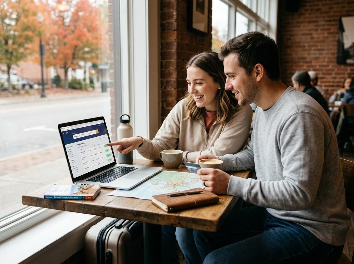 Smiling couple planning travel on laptop in cafe