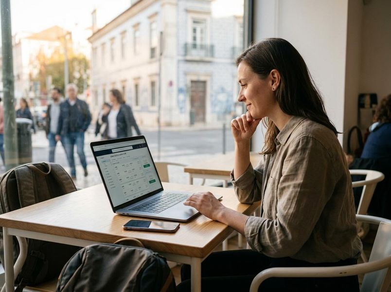 A smiling woman uses a laptop at a cafe table, looking out at a busy city street. A smartphone and backpack are on the table. Woman working on laptop in a city cafe