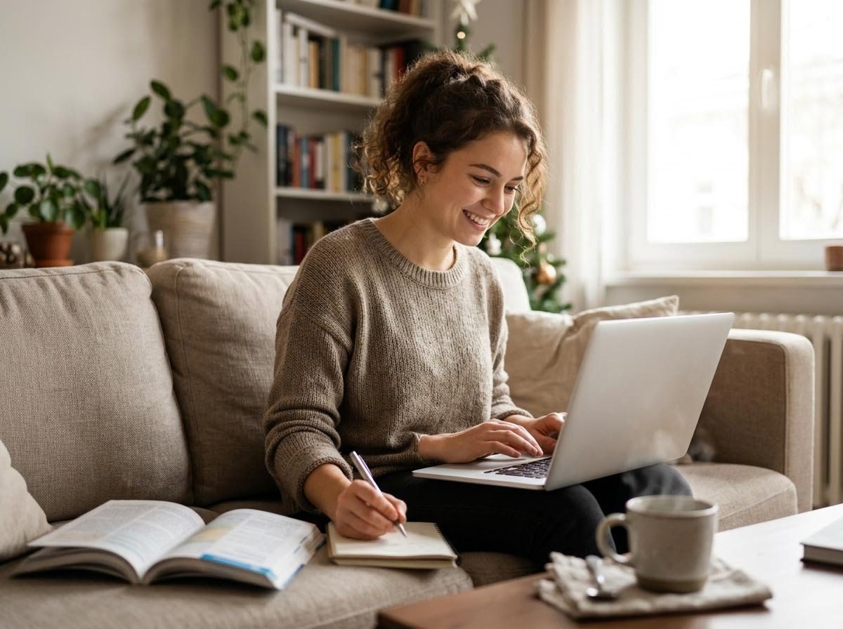 Smiling Woman Studying or Working from Home on Sofa