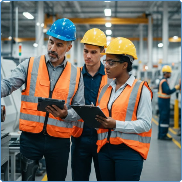 workers in safety gear inspecting equipment
