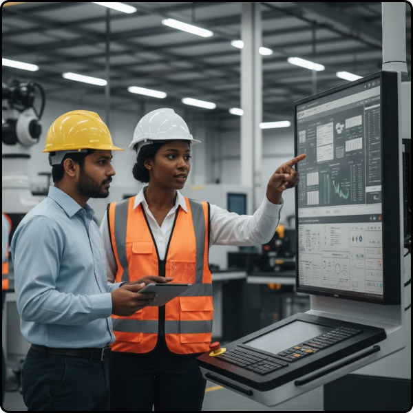 two workers looking at screen