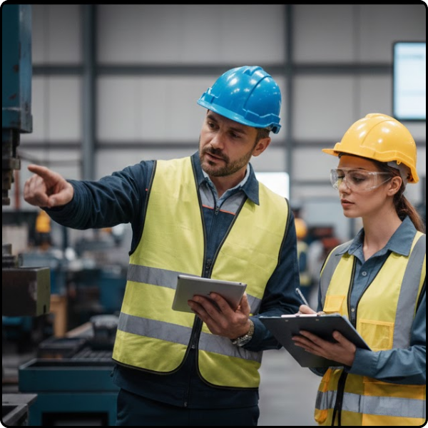 two workers in safety gear inspecting machinery