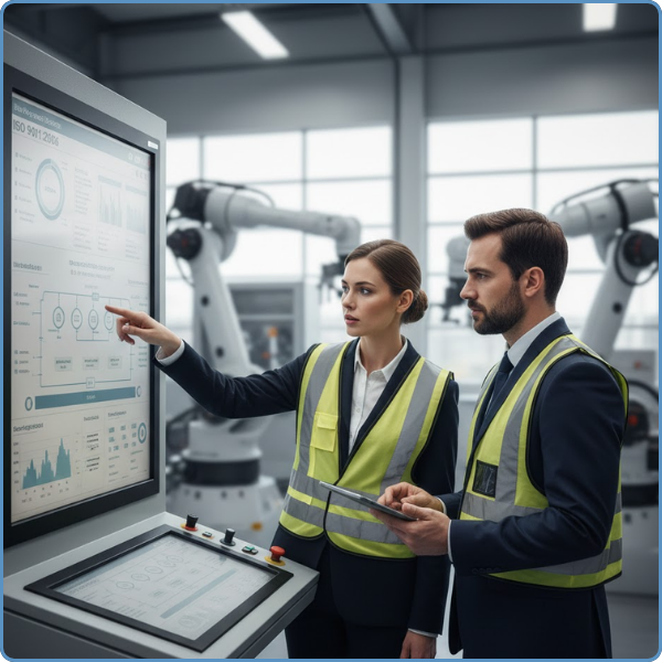 two workers looking at screen