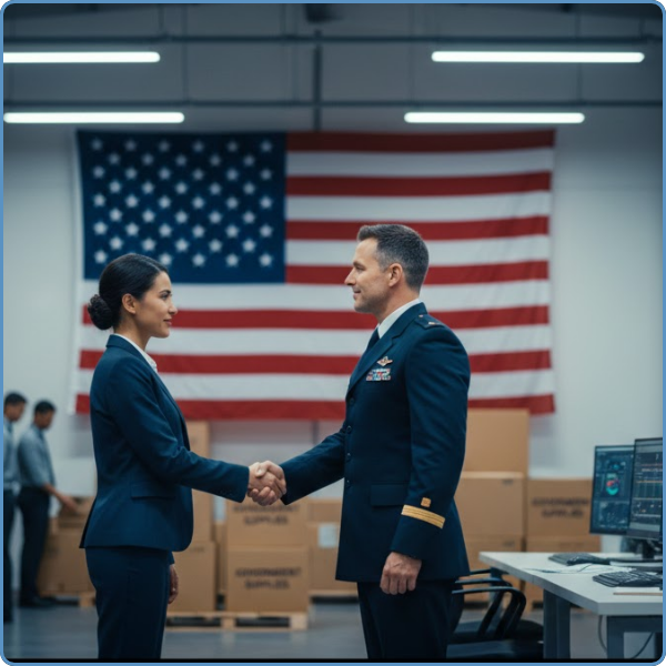 woman consultant shaking hands with government official in office