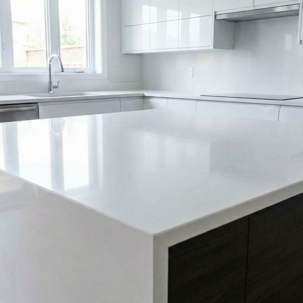 polished white quartz countertop in a kitchen