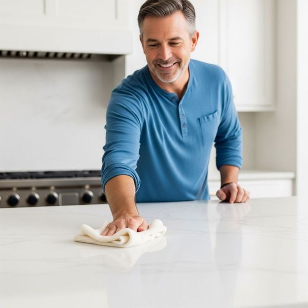 person easily wiping a pristine and clean quartz kitchen countertop person easily wiping a pristine and clean quartz kitchen countertop