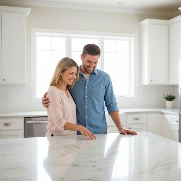 Homebuyers admiring a new kitchen with natural stone.