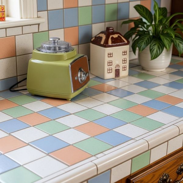 A kitchen countertop made of dated, 1980s-style square tiles with wide grout lines.