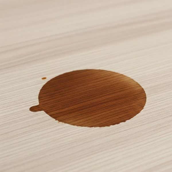 A close-up of a deep, permanent stain on a light-colored countertop surface.