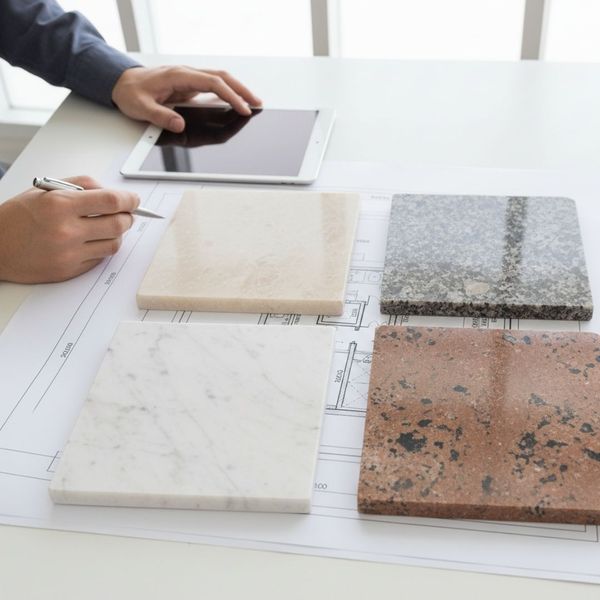 Sample swatches of different types of stone countertops.