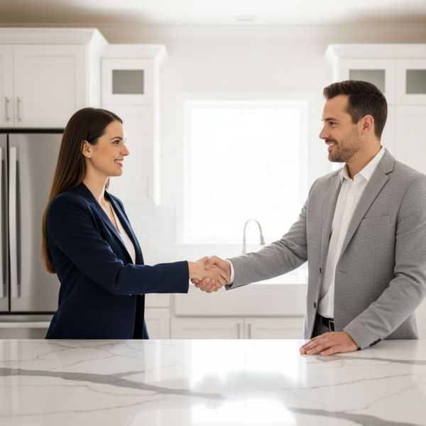 home buyer and homeowner shaking hands in the kitchen