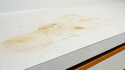 A wide view of a kitchen with visibly dated, stained, and cracked countertops.