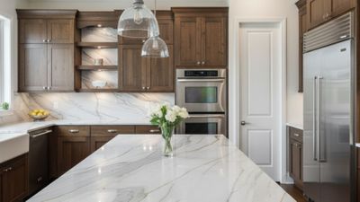 Luxurious kitchen island with a beautiful natural stone countertop.