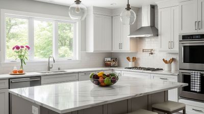 bright and modern kitchen with affordable white and grey veined quartz countertops
