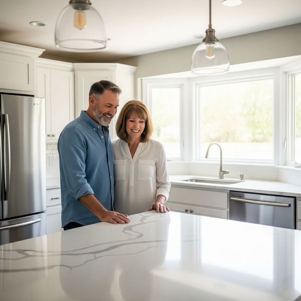 happy couple admiring their new kitchen countertops happy couple admiring their new kitchen countertops