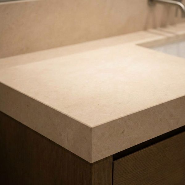 light-colored honed stone bathroom vanity countertop with a matte finish