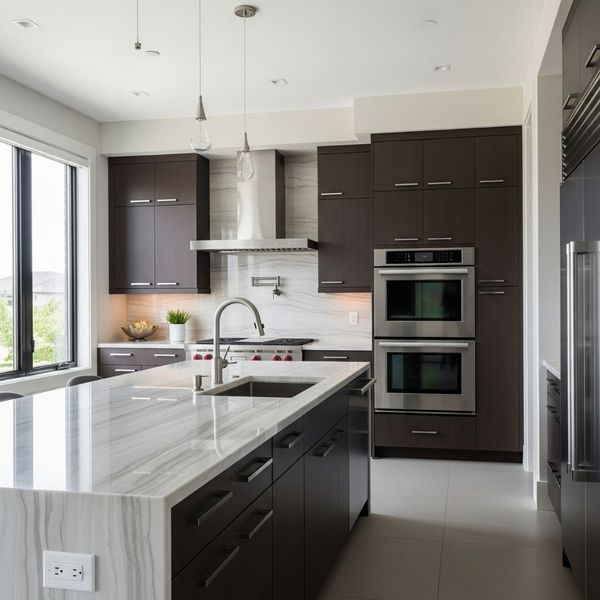A beautiful, bright, and modern kitchen featuring new light-colored stone countertops.