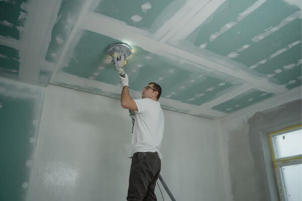 man sanding drywall on ceiling