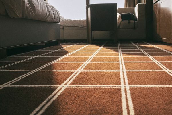 patterned brown carpet in living room