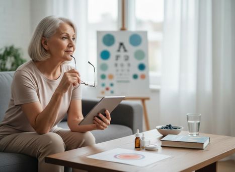 An older woman with glasses and a tablet sits on a couch, looking pensive. An eye chart and coffee table with health items are nearby. Elderly woman awaiting an eye exam