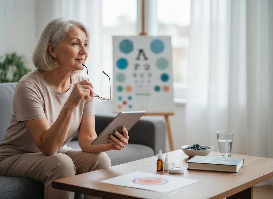 An older woman with glasses and a tablet sits on a couch, looking pensive. An eye chart and coffee table with health items are nearby. Elderly woman awaiting an eye exam