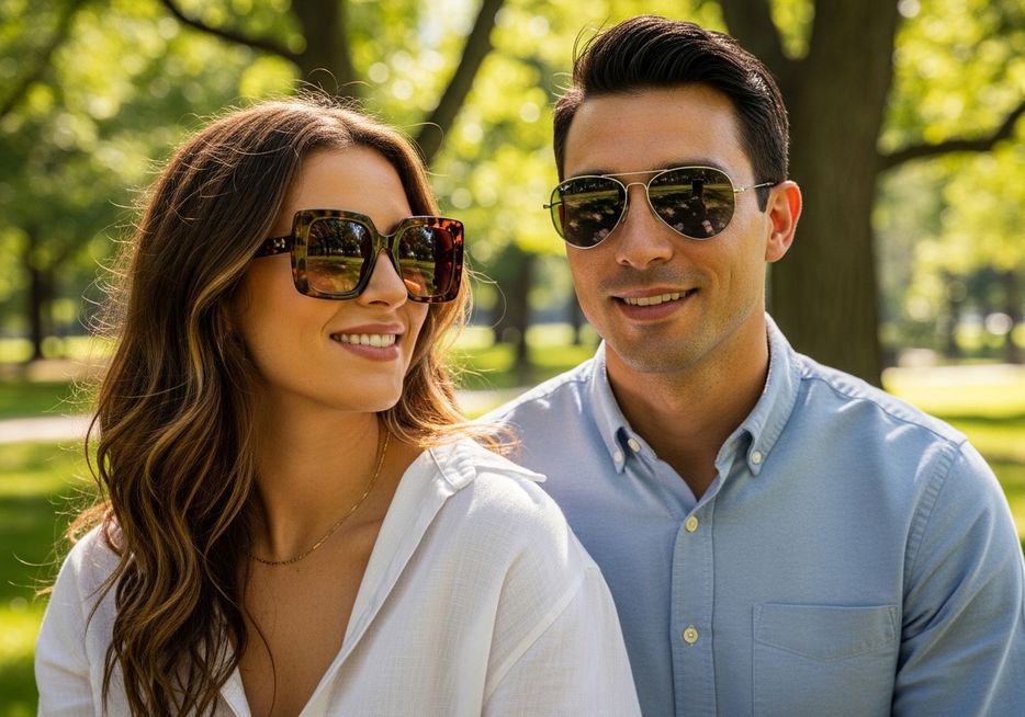 A smiling couple wearing stylish, high-quality sunglasses outdoors in a sunny park setting.