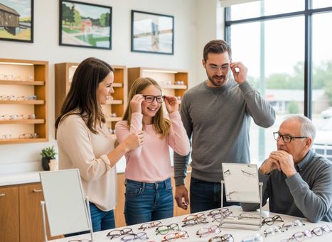 A happy family, including a girl, mother, father, and an older man, trying on various pairs of glasses in a bright optical shop. Family shopping for eyeglasses at an optical store