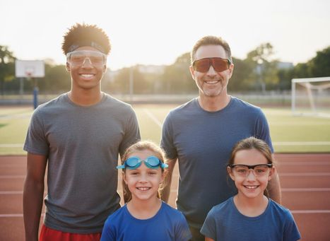 Four happy individuals, two men and two girls, wearing athletic gear and eyewear, posing on a track with a sports field in the background. Smiling Adults and Children on Sports Track
