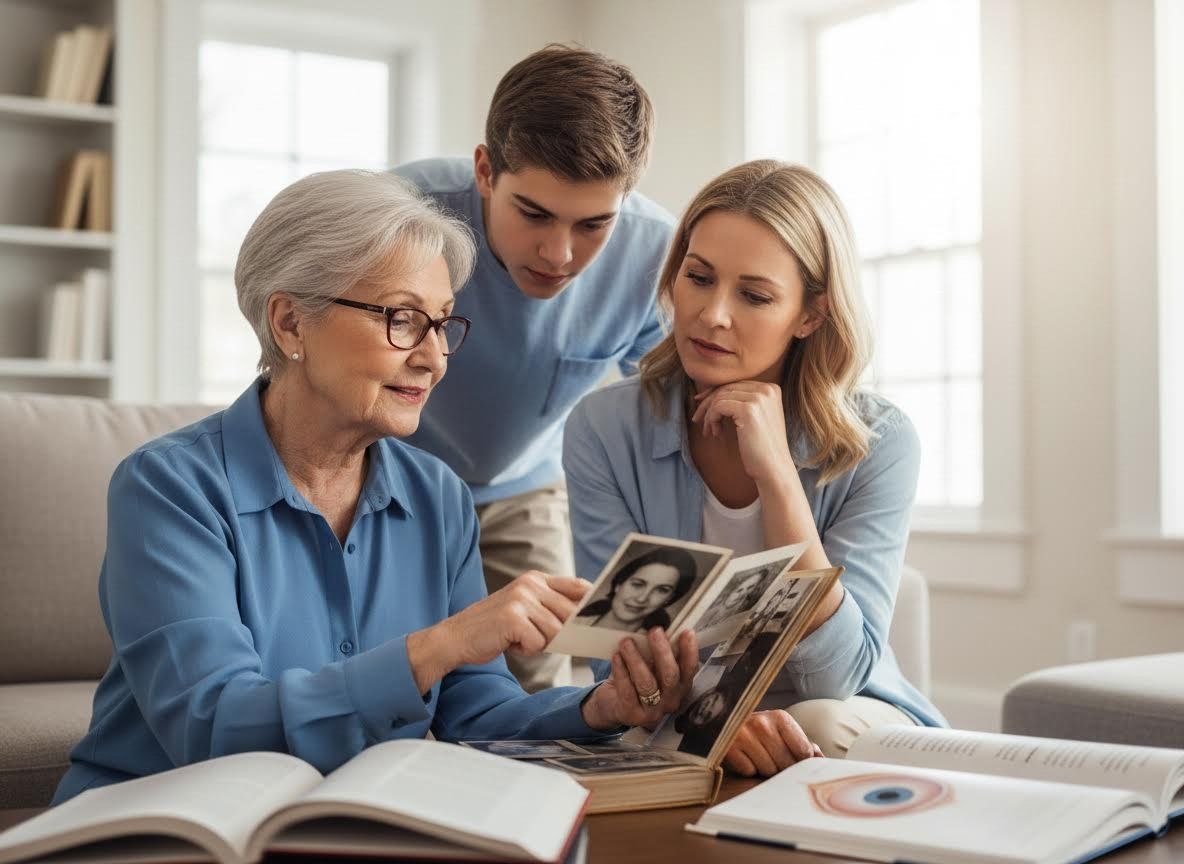 Multi-generational family sharing memories with a photo album