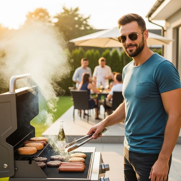 man wearing sunglasses while grilling outside