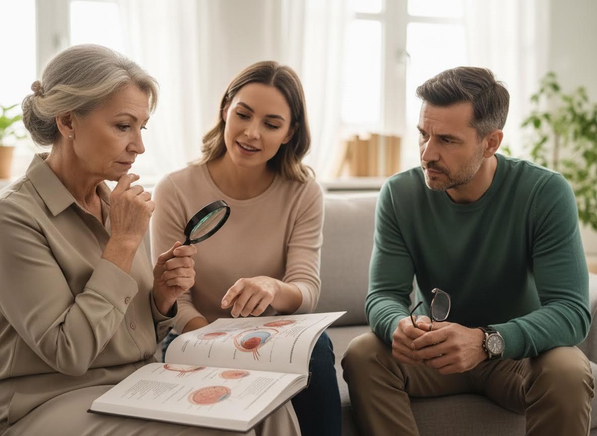 Three people discussing health information from a book