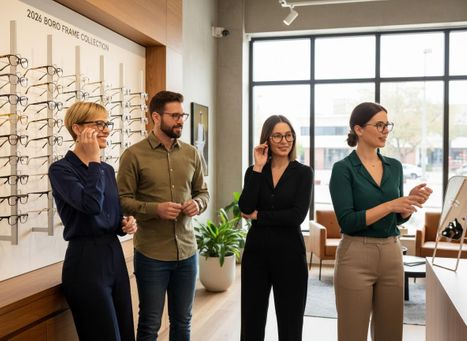 Four adults trying on eyeglasses in a modern optical store