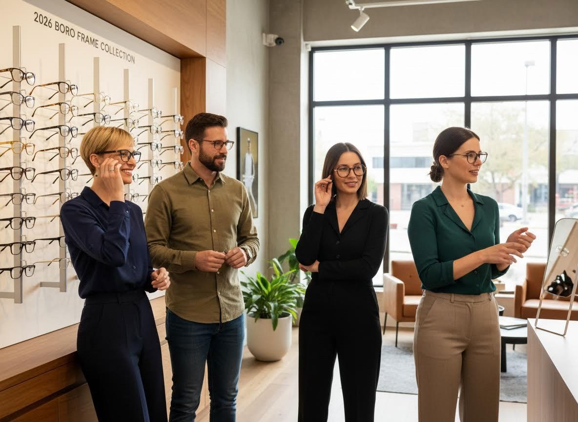 Four adults trying on eyeglasses in a modern optical store