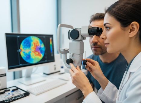 Optometrist performing eye exam on patient