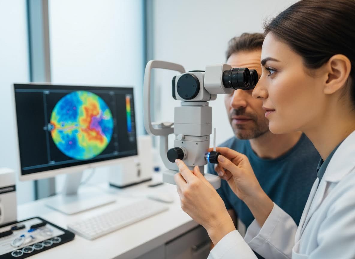 Optometrist performing eye exam on patient