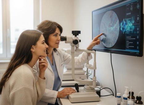 Optometrist and Patient Reviewing Eye Scan