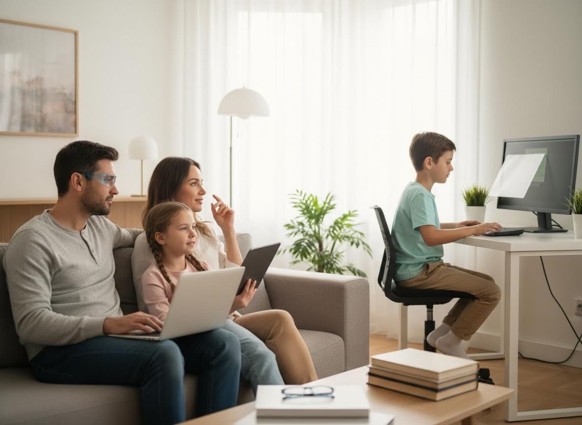Family using digital devices at home