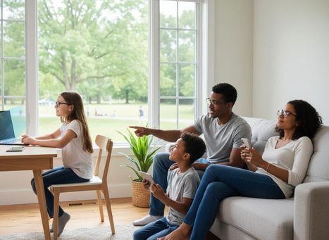 Family using digital devices at home by a large window
