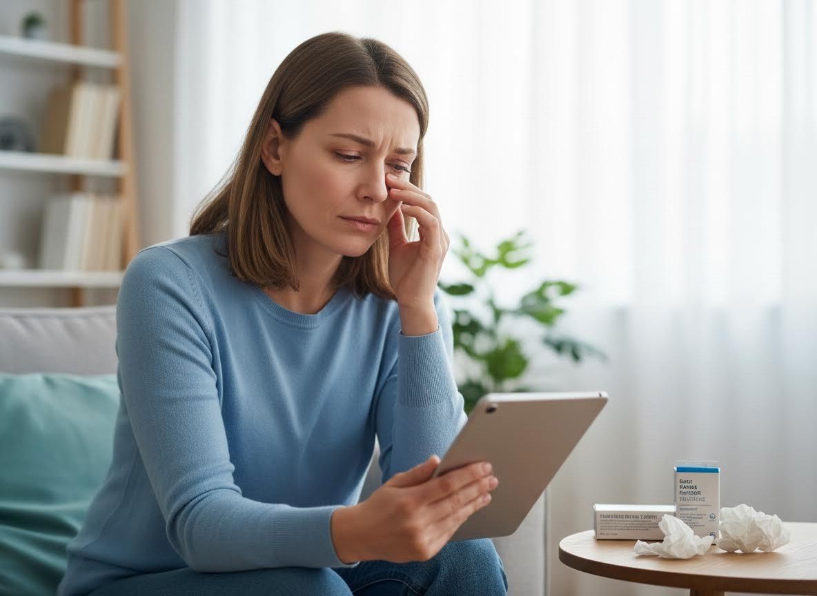 Woman feeling unwell or distressed looking at a tablet