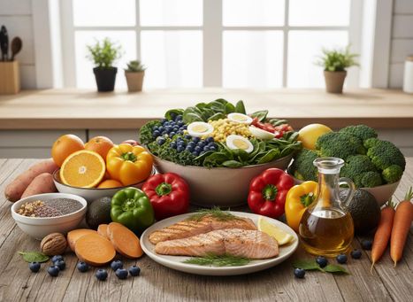 Array of Healthy Foods Including Grilled Salmon and Fresh Salad