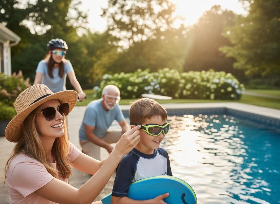 Family enjoying a sunny day by the pool