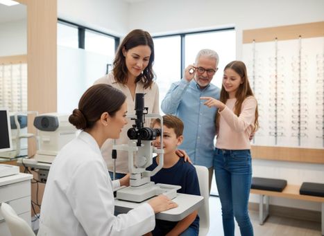 A female optometrist uses a slit lamp to examine a boy's eyes. His family watches nearby in a modern optical store. Optometrist examining a young boy's eyes in a clinic