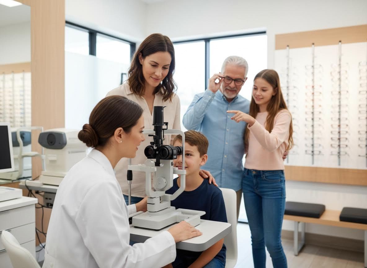 Optometrist examining a young boy's eyes in a clinic