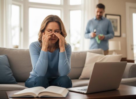 A distressed woman with glasses rubs her eyes while sitting on a couch near a laptop and book. A man stands in the background. Woman stressed on couch with hands on face