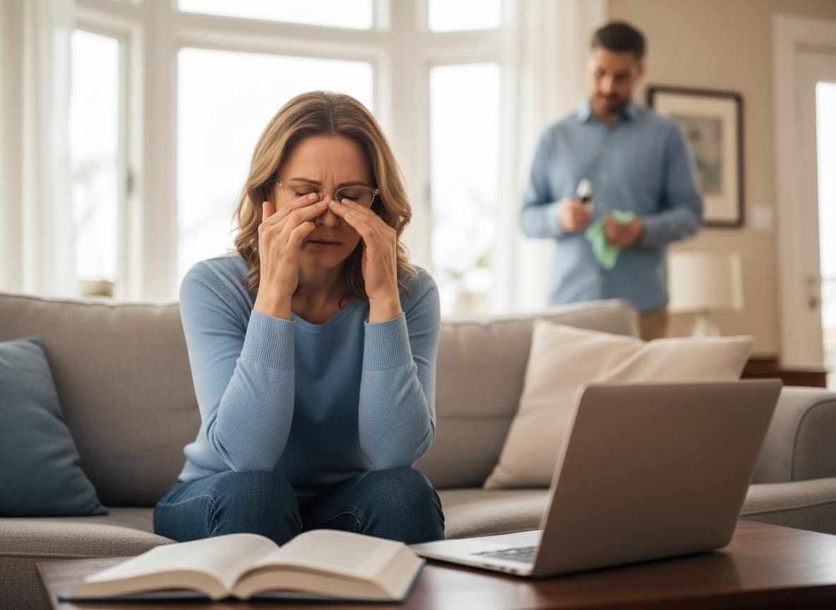 Woman stressed on couch with hands on face