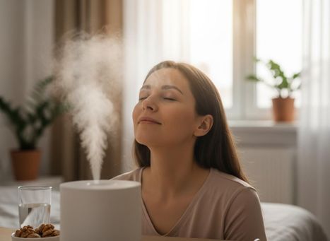 Woman Relaxing with Humidifier Mist