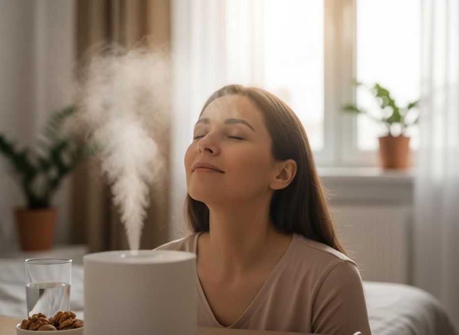 Woman Relaxing with Humidifier Mist
