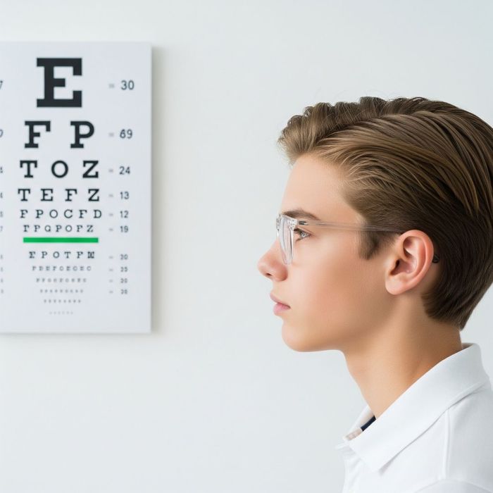 boy with eye chart in the background