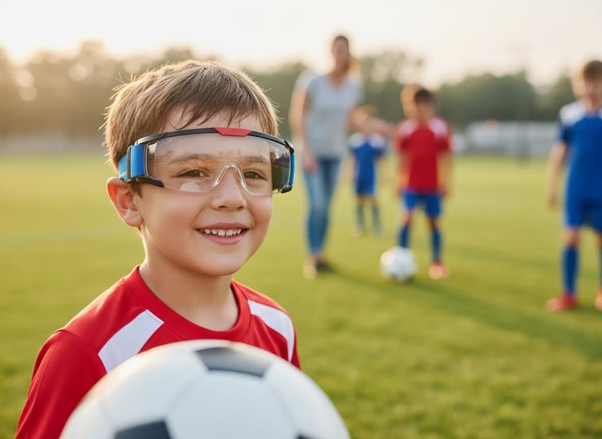 Young boy in red soccer uniform and goggles smiling with a ball