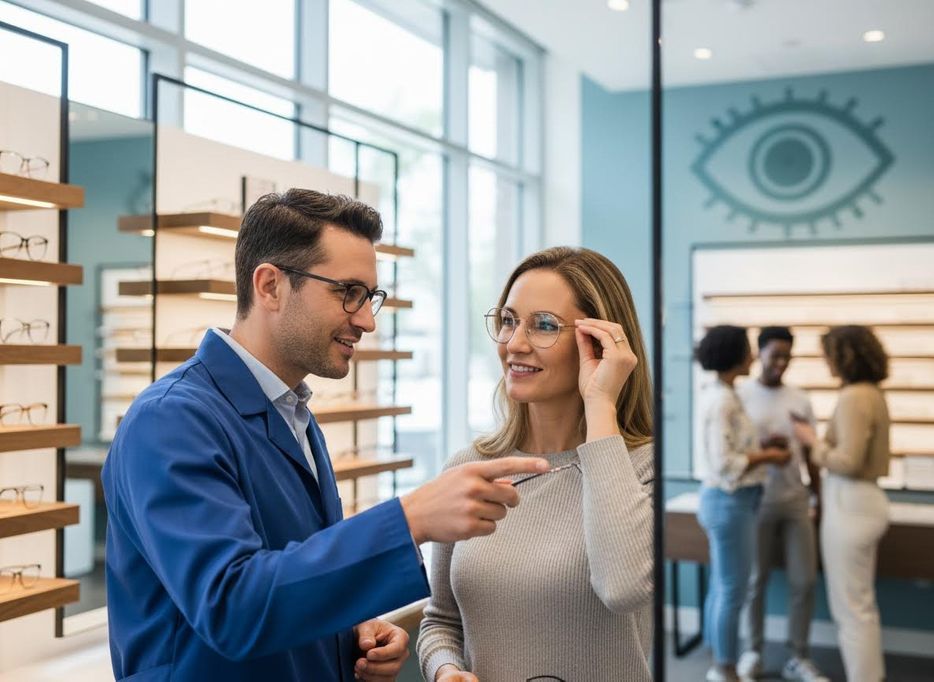 An optician helps a smiling woman try on new eyeglasses in a bright optical store, while other customers shop in the background. Optician assisting woman with new glasses selection